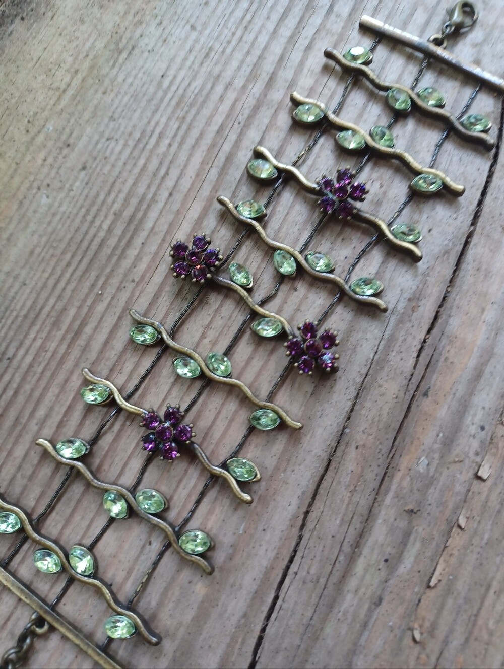 Vintage-Inspired Green and Purple Floral Statement Bracelet